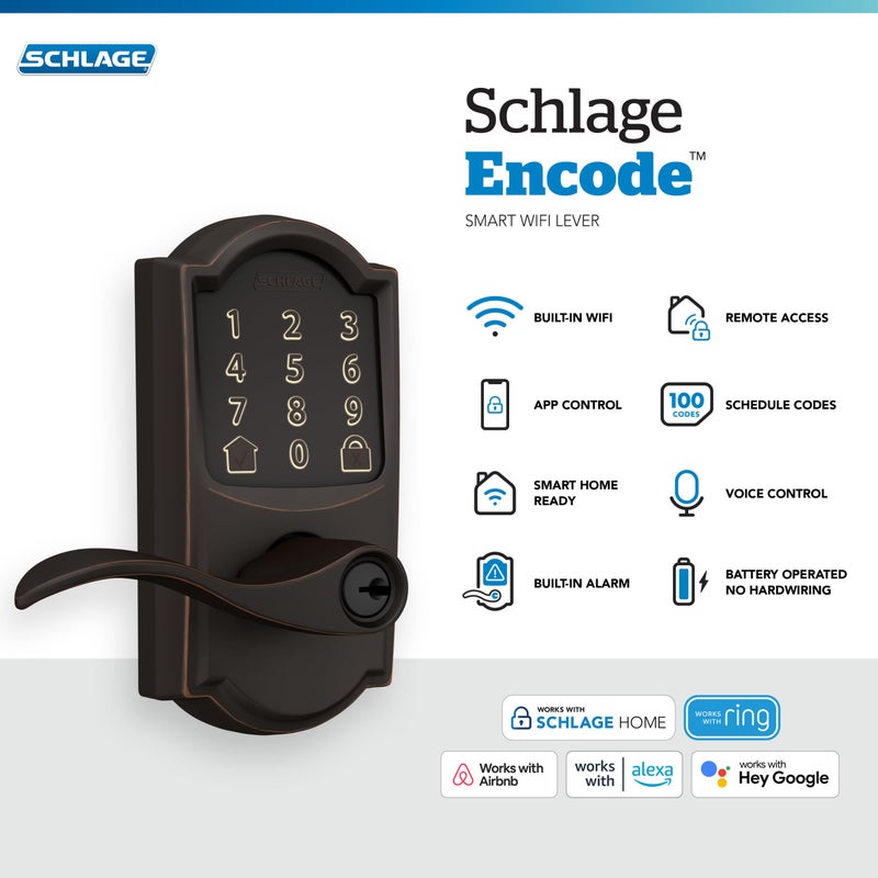 Schlage FE789WB CAM 716 Acc Encode WiFi Accent Lever Smart Lock  Keyless Entry Touchscreen Door Lock with Camelot Trim  Aged Bronze - Image 2
